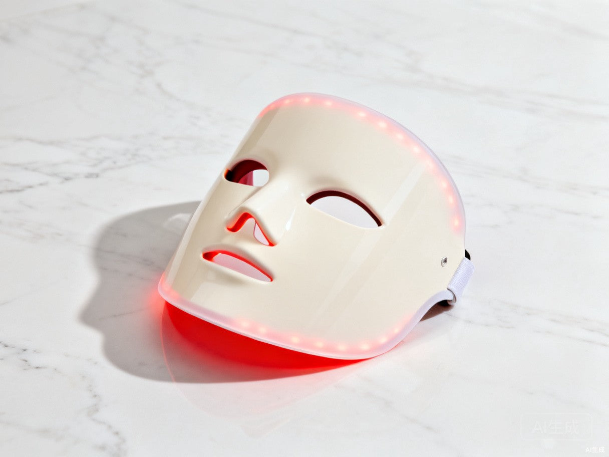 Red light therapy LED face mask on marble surface