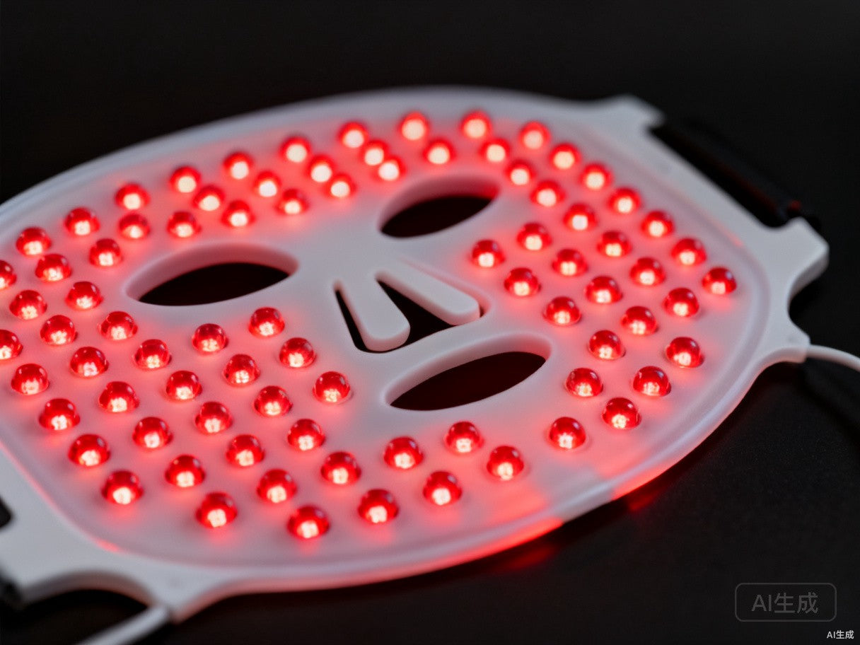 Close-up of 630nm red LEDs on face mask