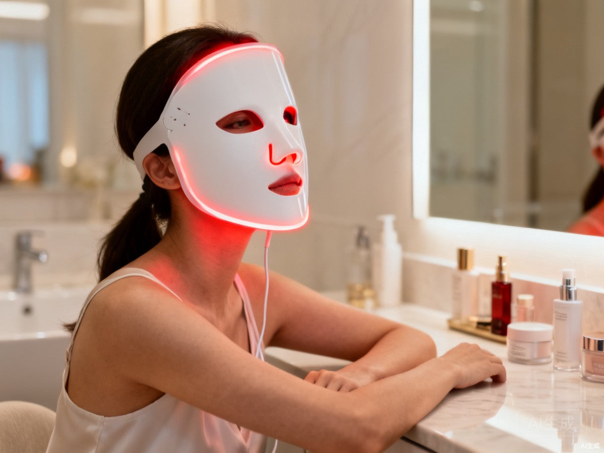 Woman using LED face mask at home